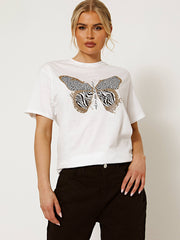 Butterfly Animal Print Glitter Detail T-Shirt
