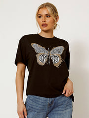 Butterfly Animal Print Glitter Detail T-Shirt