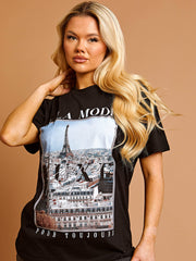 A La Mode Paris Graphic Glitter Detail T-Shirt