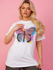 Colourful Butterfly Graphic Glitter Detail T-Shirt