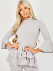 Layered Frill Hem Hooded Ribbed Co-ord