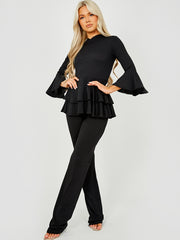 Layered Frill Hem Hooded Ribbed Co-ord