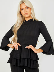 Layered Frill Hem Hooded Ribbed Co-ord