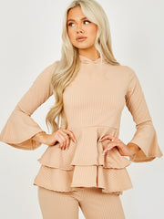Layered Frill Hem Hooded Ribbed Co-ord