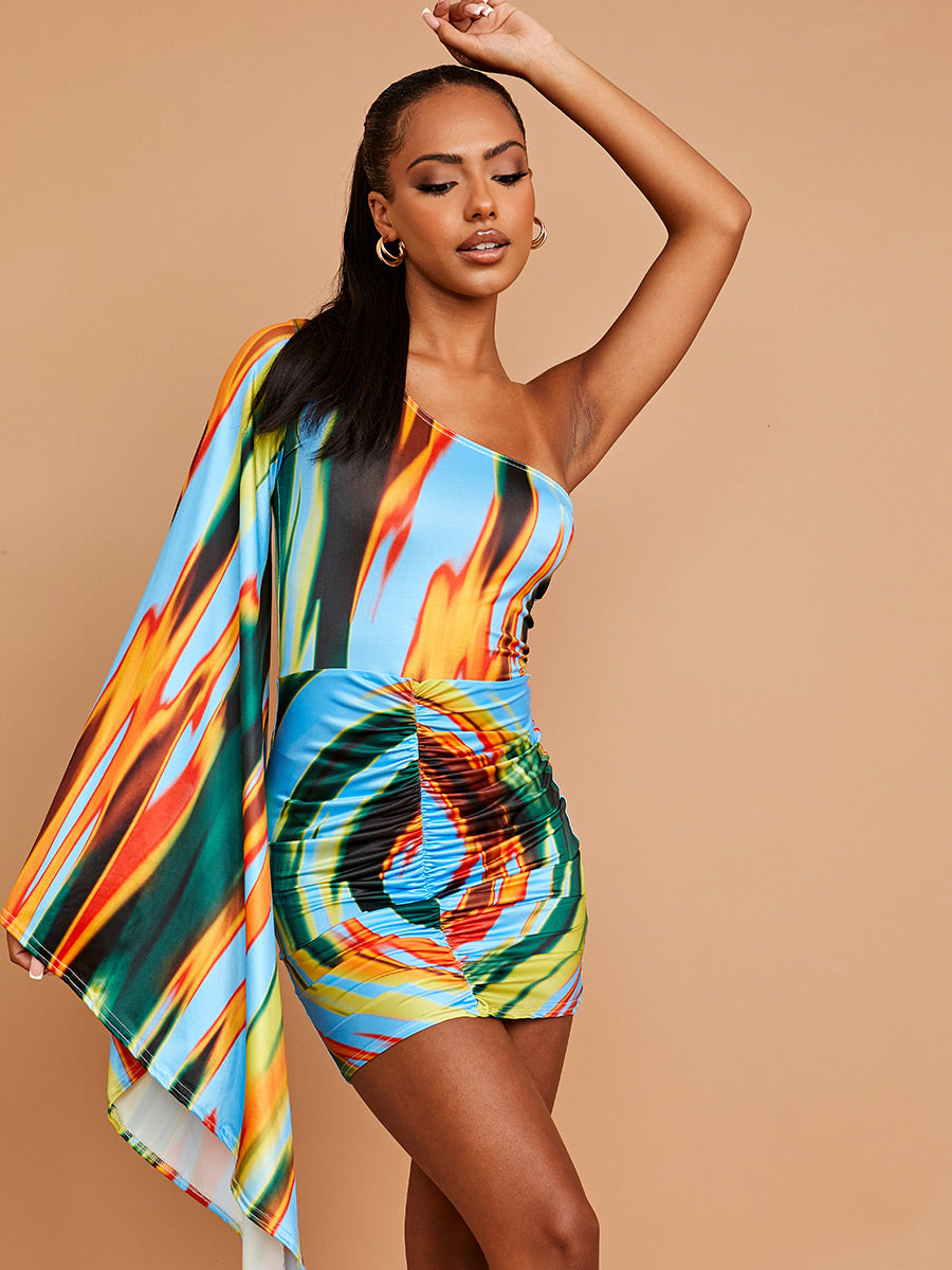 Wholesale Multi Colour Patten One Shoulder Flare Sleeve Slinky Dress Stylewise Direct Wholesale Multi Colour Patten One Shoulder Flare Sleeve Slinky Dress Stylewise Direct