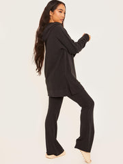 Rippen-Kapuze-Top & ausgestellter Hosen Co-ordte