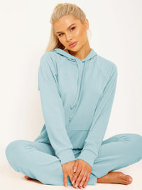 Ribbed Hooded Top & Flared Trouser Co-ord - Blue