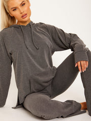 Rippen-Kapuze-Top & ausgestellter Hosen Co-ordte