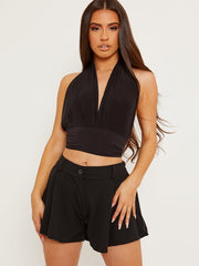 Krawattenknoten-Back-Back-Slinky-Neckholder-Crop-Top
