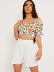 Tie Knot Back Floral Print Bardot Crop Top