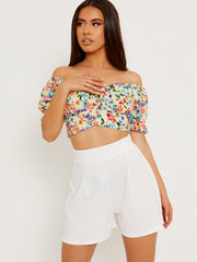 Tie Knot Back Floral Print Bardot Crop Top