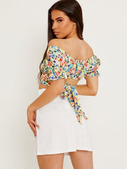 Tie Knot Back Floral Print Bardot Crop Top