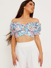 Tie Knot Back Floral Print Bardot Crop Top