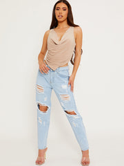 Slinky Cowl Neck Pointed Hem Crop Top