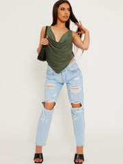 Slinky Cowl Neck Pointed Hem Crop Top