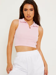 Ribbed Half-Button Placket Cropped Tank Top