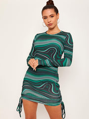 Marble Print Long Sleeves Ribbed Ruched Dress