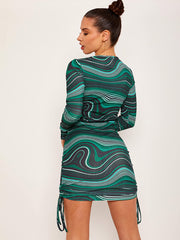 Marble Print Long Sleeves Ribbed Ruched Dress