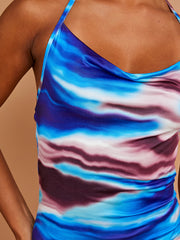 Marble Print Side Ruched Halter Slinky Dress