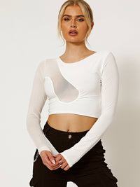 Mesh Insert Double Layered Slinky Crop Top - Cream