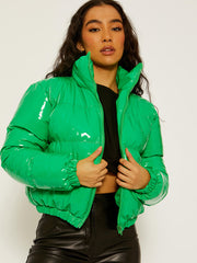 PVC Leather Cropped Puffer Jacket