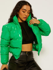 PVC Leather Cropped Puffer Jacket