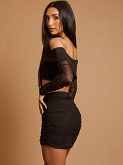 Ruched Mesh Bardot Crop Top & Skirt Co-ord