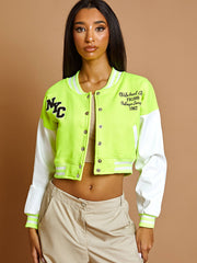 PU Contrast Sleeve Cropped Varsity Jacket