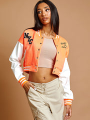 PU Contrast Sleeve Cropped Varsity Jacket