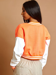 PU Contrast Sleeve Cropped Varsity Jacket