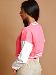 PU Contrast Sleeve Cropped Varsity Jacket
