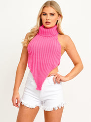 Halter Roll Neck Asymmetric Hem Knitted Crop Top