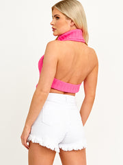 Halter Roll Neck Asymmetric Hem Knitted Crop Top