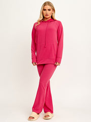 Rippen-Kapuze-Top & ausgestellter Hosen Co-ordte