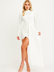 High Neck Wrap Front Ruched Dress With A Long Drape