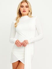 High Neck Wrap Front Ruched Dress With A Long Drape