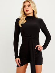 High Neck Wrap Front Ruched Dress With A Long Drape