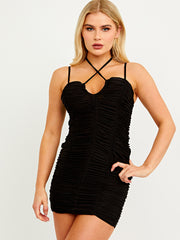 Padded Bust Halter Slinky Ruched Cami Dress