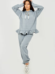 Satin Drawstring Frill Hem Hoodie Fleece Co-ord