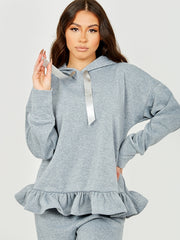 Satin Drawstring Frill Hem Hoodie Fleece Co-ord