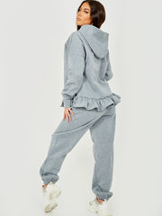 Satin Drawstring Frill Hem Hoodie Fleece Co-ord