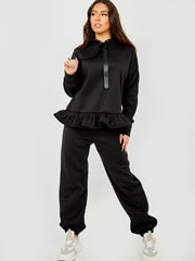 Satin Drawstring Frill Hem Hoodie Fleece Co-ord