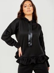 Satin Drawstring Frill Hem Hoodie Fleece Co-ord