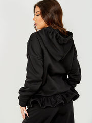Satin Drawstring Frill Hem Hoodie Fleece Co-ord