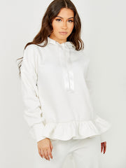 Satin Drawstring Frill Hem Hoodie Fleece Co-ord