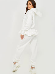 Satin Drawstring Frill Hem Hoodie Fleece Co-ord