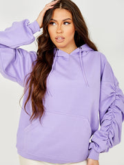 Ruched Sleeves Fleeced Hoodie
