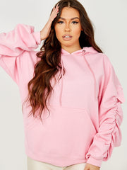 Ruched Sleeves Fleeced Hoodie