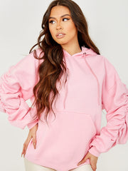 Ruched Sleeves Fleeced Hoodie