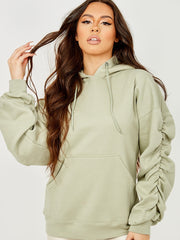 Ruched Sleeves Fleeced Hoodie